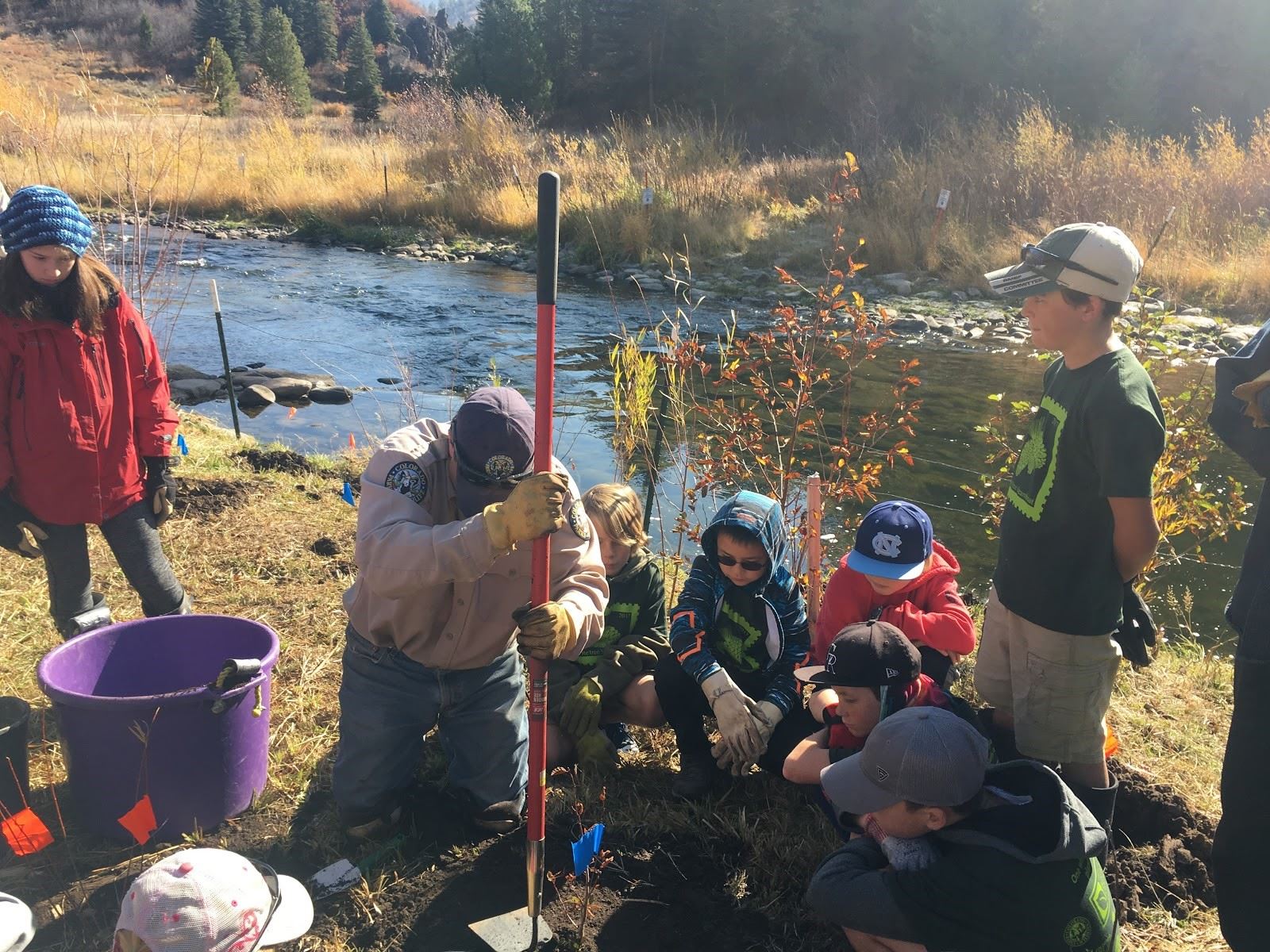 Kids working with Parks and Wildlife to plant trees
